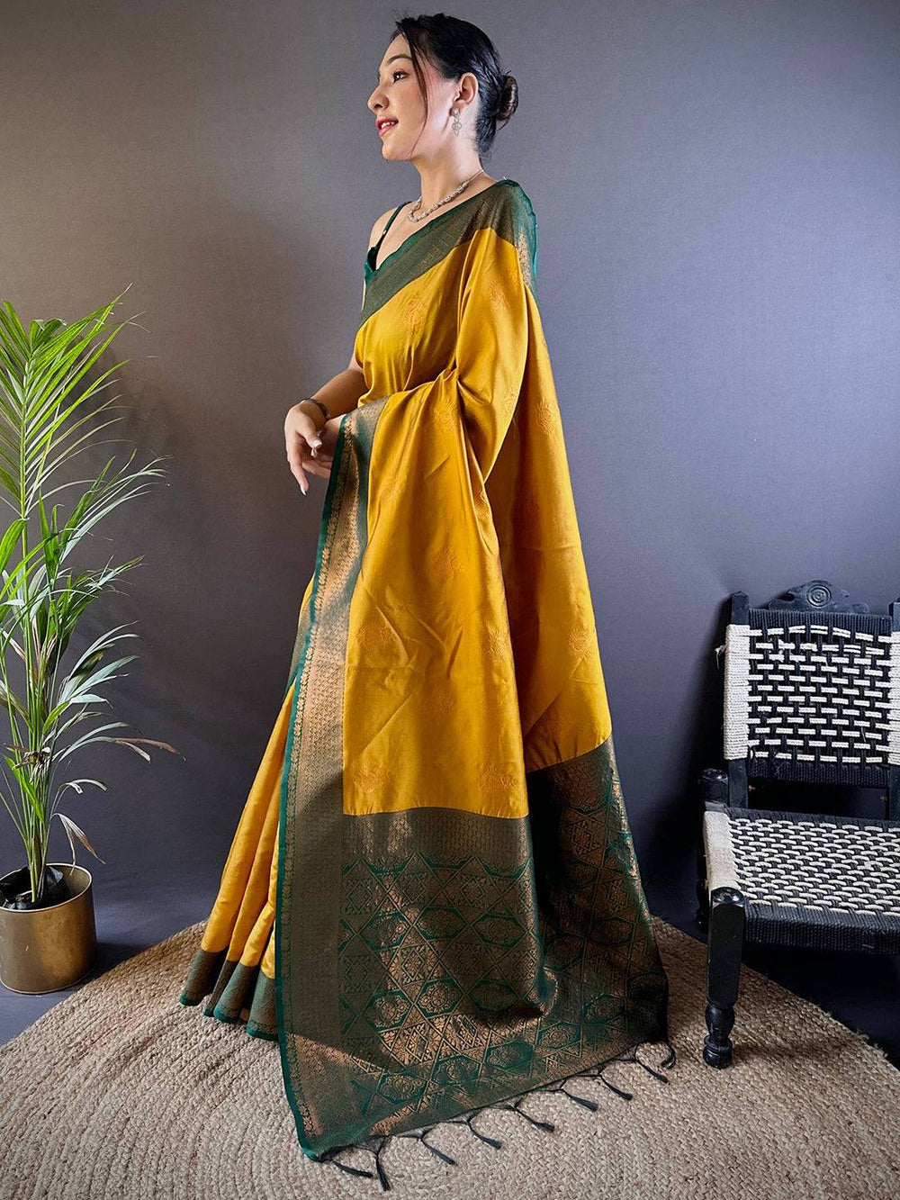 Mustard Yellow & Bottle Green Banarasi Silk Saree for Women