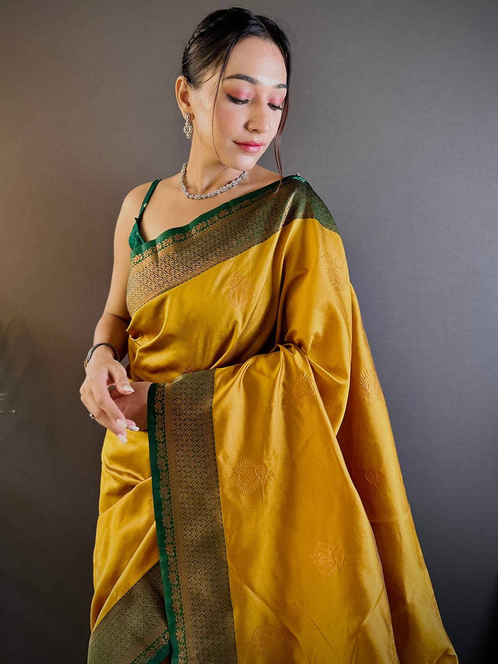 Mustard Yellow & Bottle Green Banarasi Silk Saree for Women
