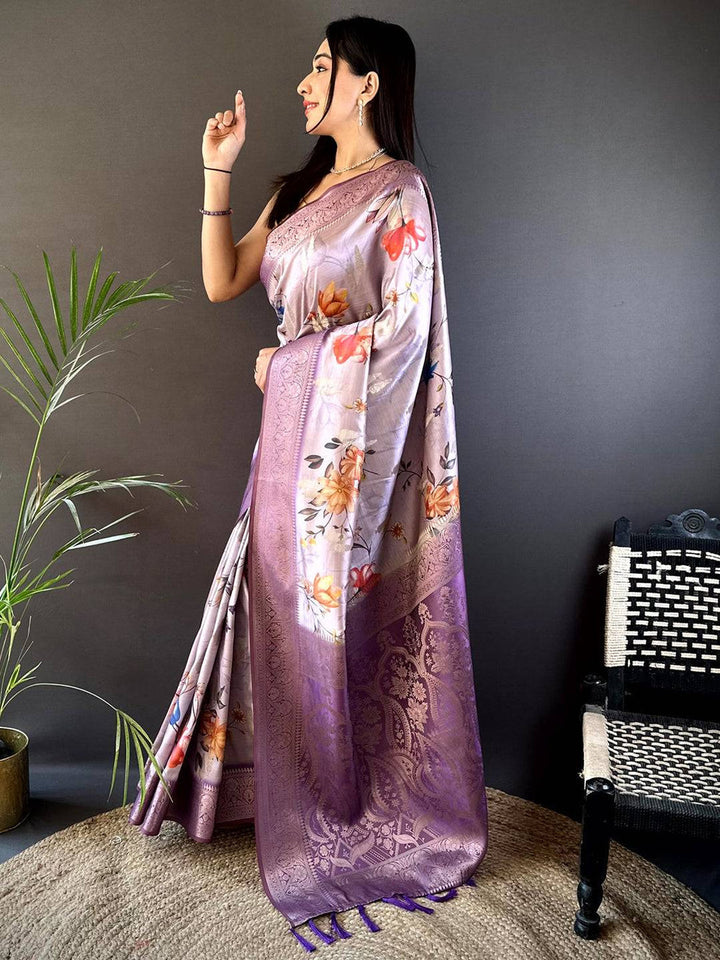 Lavender Floral Soft Silk Saree with Elegant Zari Border & Pallu