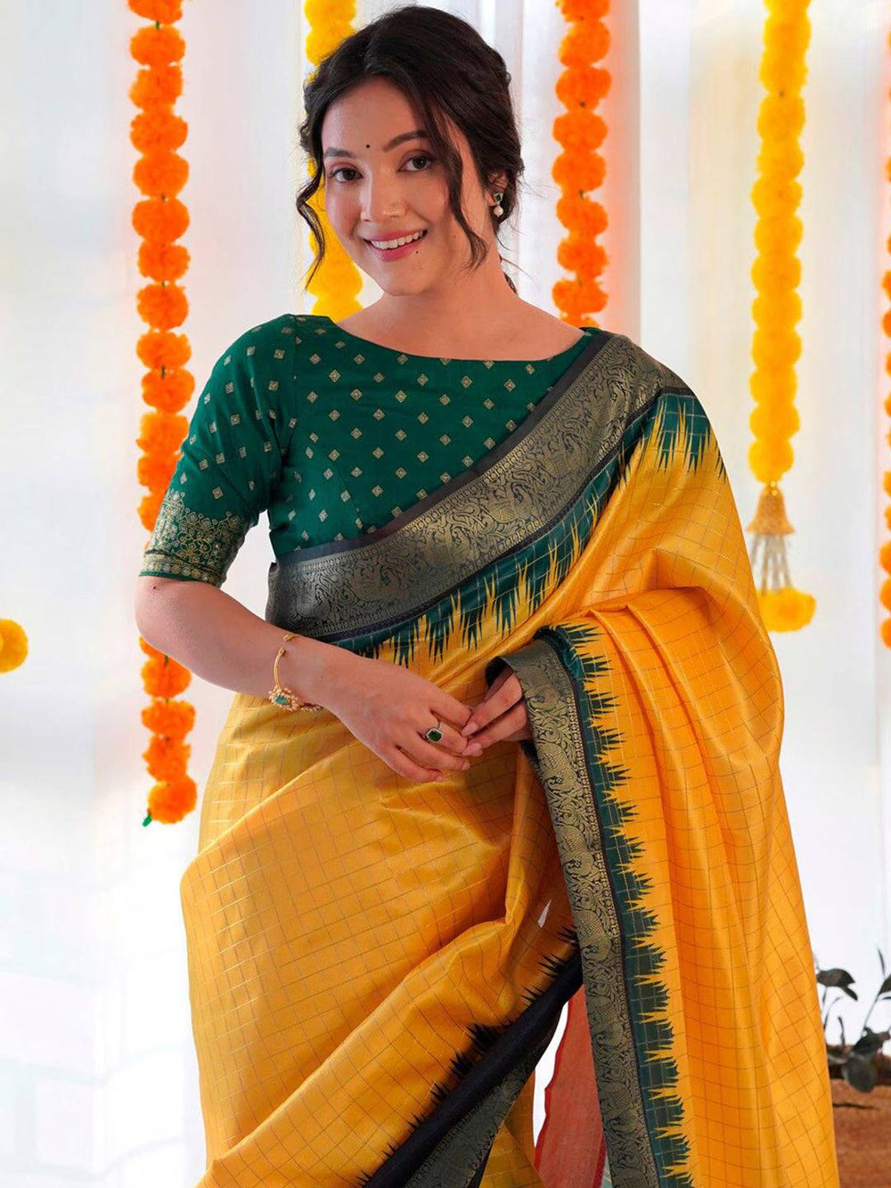 Yellow & Green Banarasi Silk Saree for Women