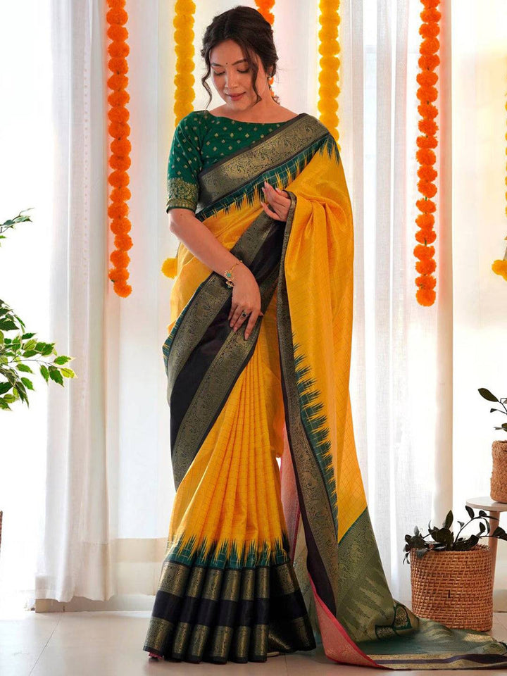 Yellow & Green Banarasi Silk Saree for Women