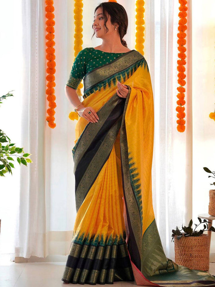Yellow & Green Banarasi Silk Saree for Women