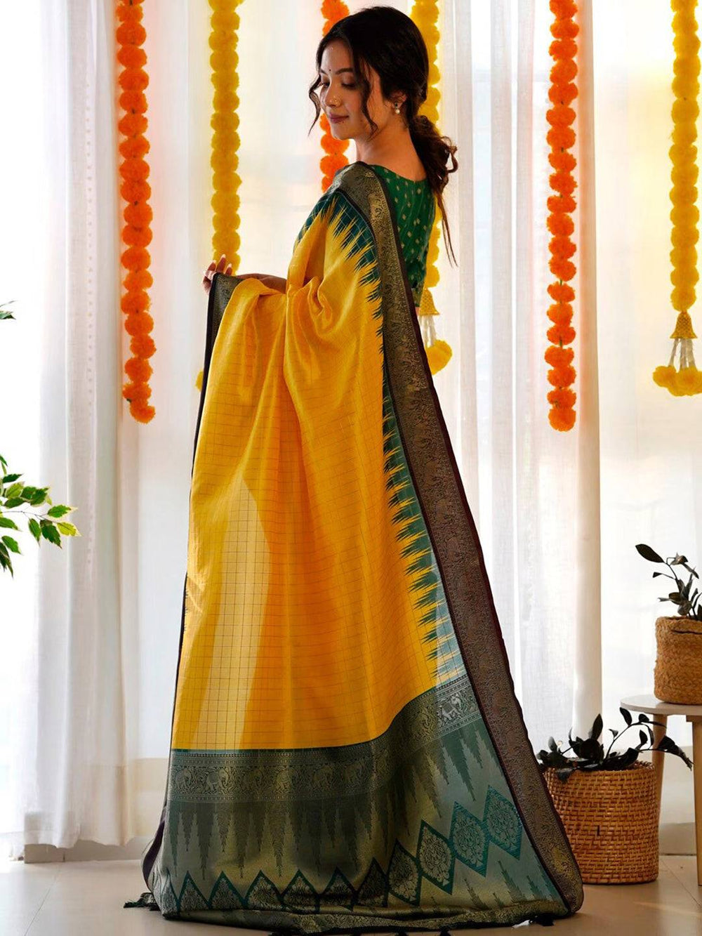 Yellow & Green Banarasi Silk Saree for Women