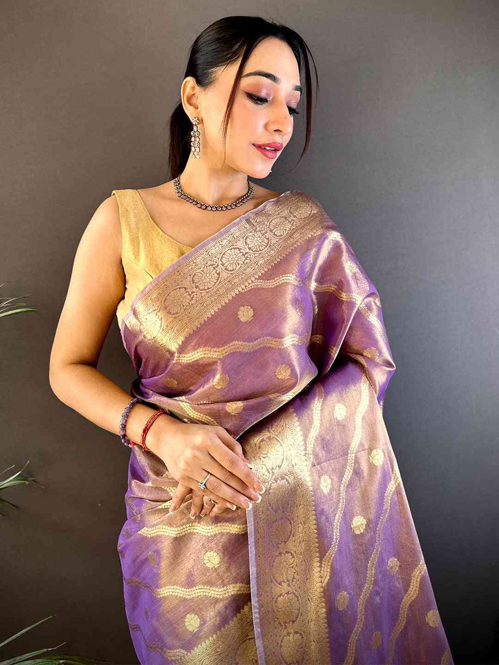 Lavender Soft Silk Saree with Gold Zari Weaving & Traditional Floral Border