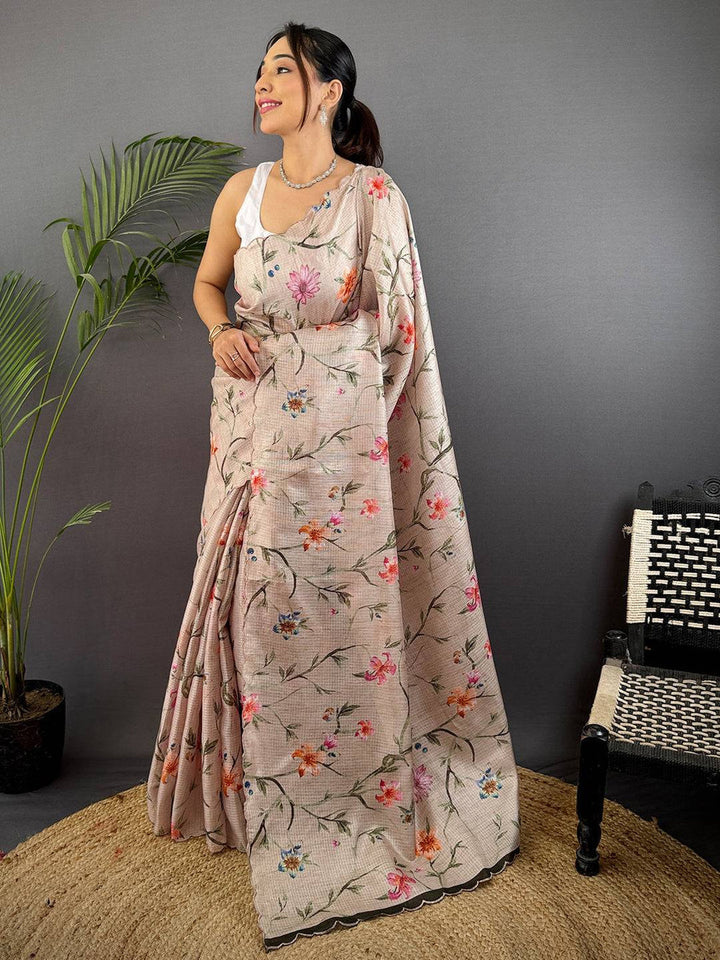 Soft Beige Linen Saree with Digital Floral Print & Subtle Designer Border