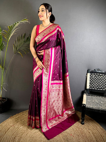 Royal Wine Banarasi Silk Saree with Rich Zari Weaving & Contrasting Pink Border
