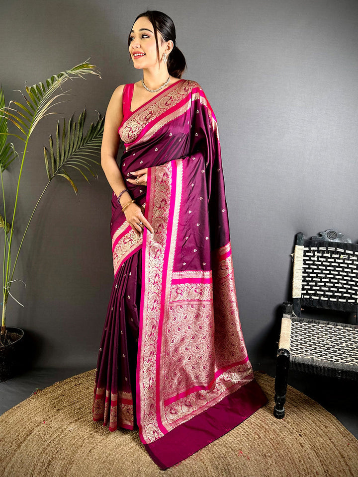 Royal Wine Banarasi Silk Saree with Rich Zari Weaving & Contrasting Pink Border