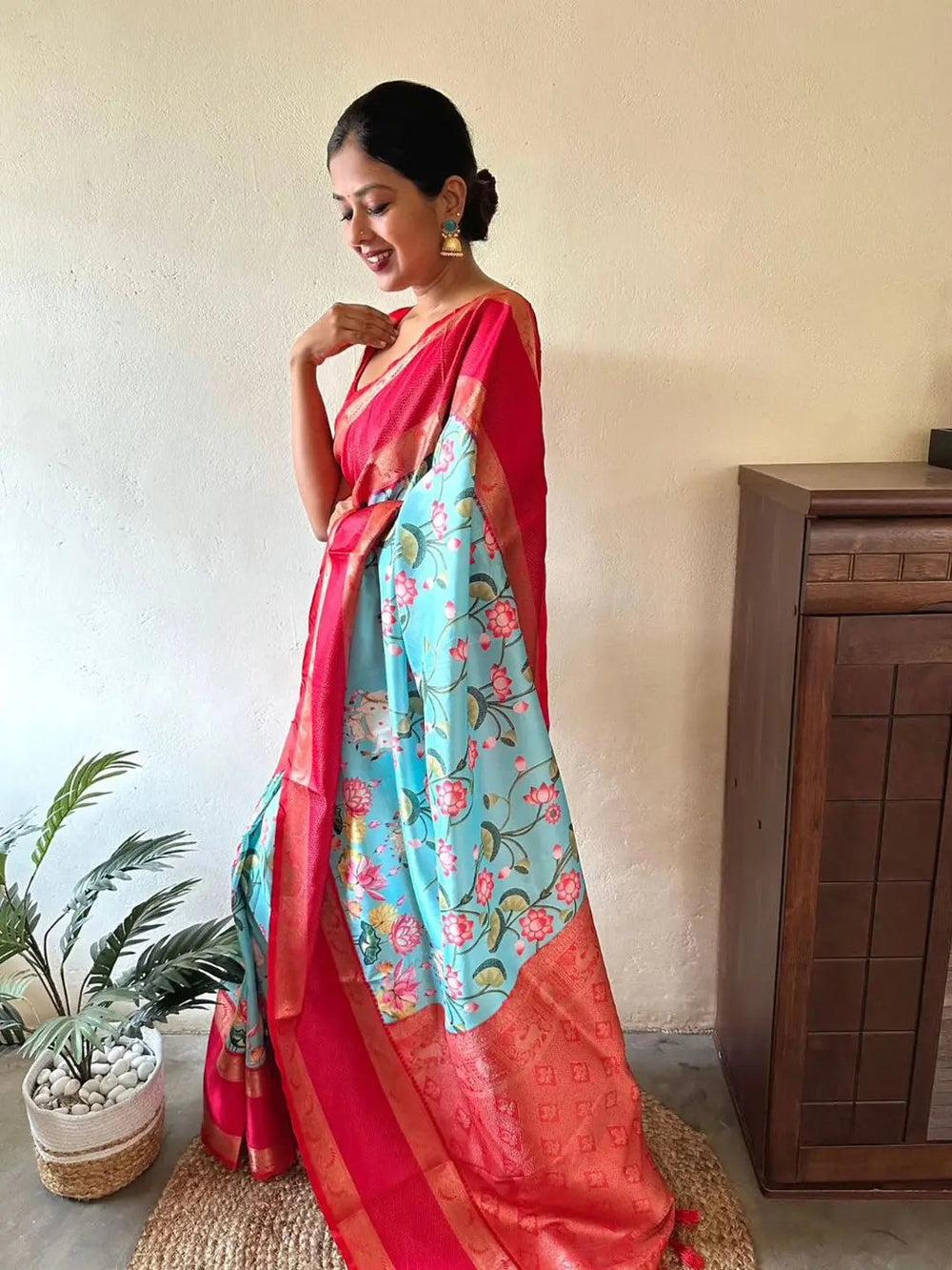 Sky Blue & Red Floral Banarasi Silk Saree for Women