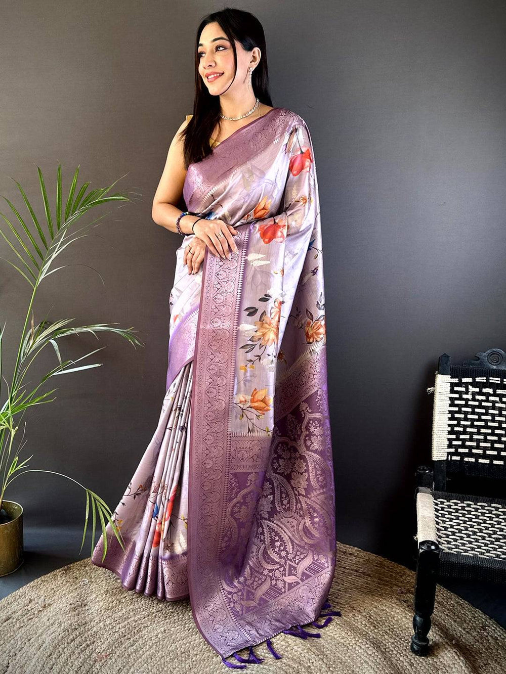 Lavender Floral Soft Silk Saree with Elegant Zari Border & Pallu
