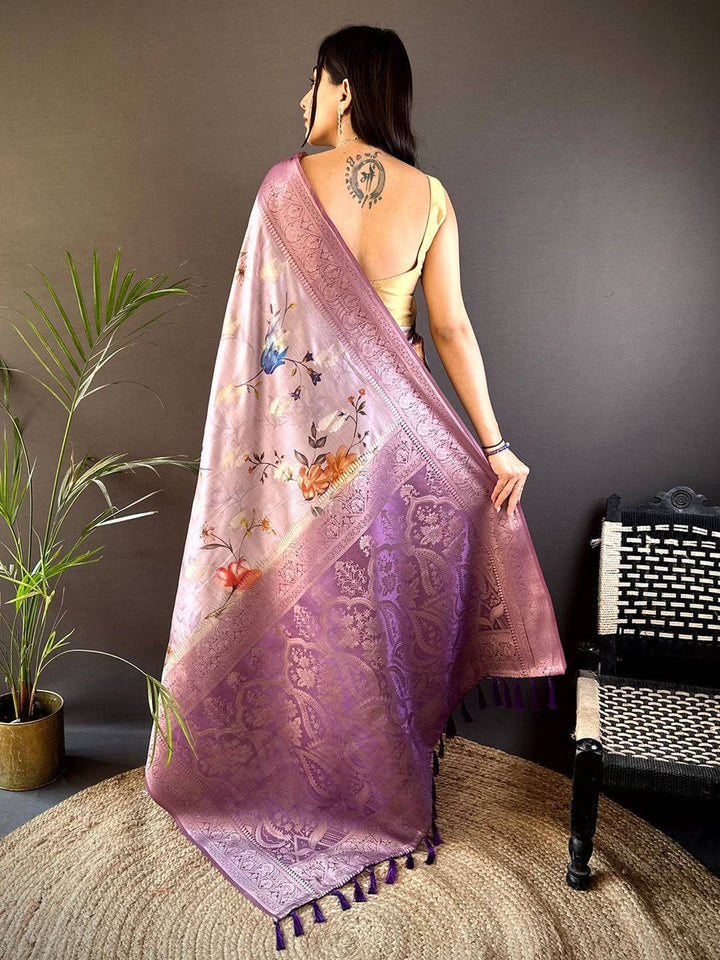 Lavender Floral Soft Silk Saree with Elegant Zari Border & Pallu