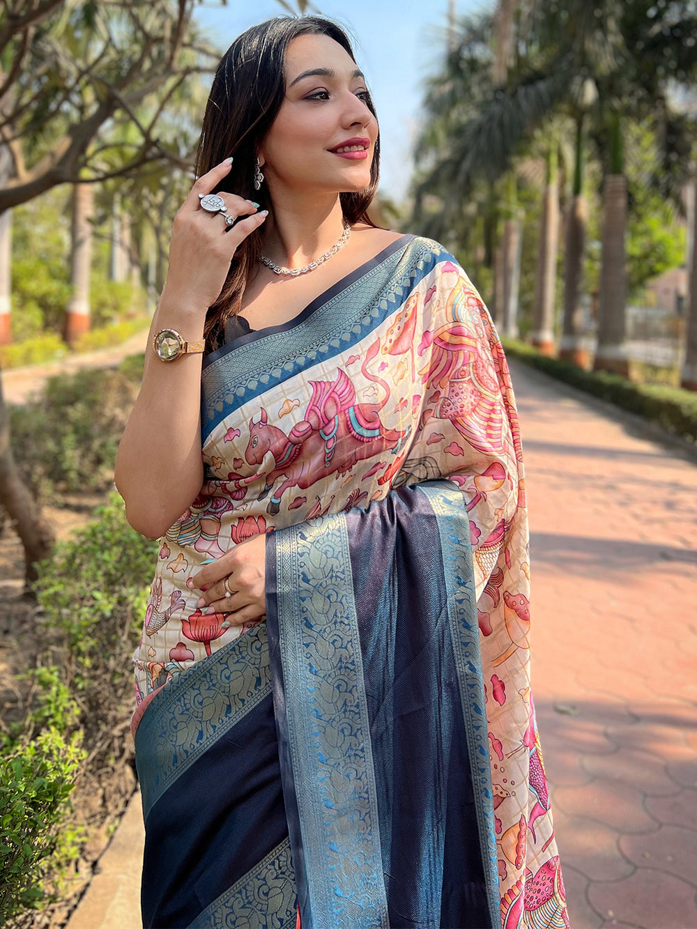 Navy Blue & Cream Floral Silk Saree for Women