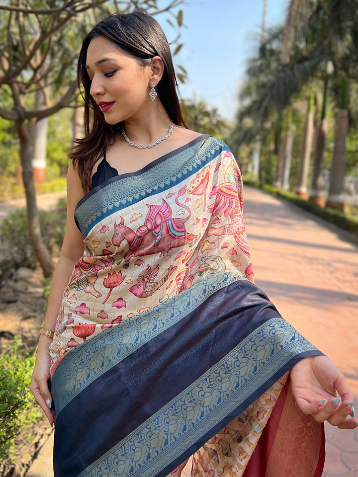 Navy Blue & Cream Floral Silk Saree for Women