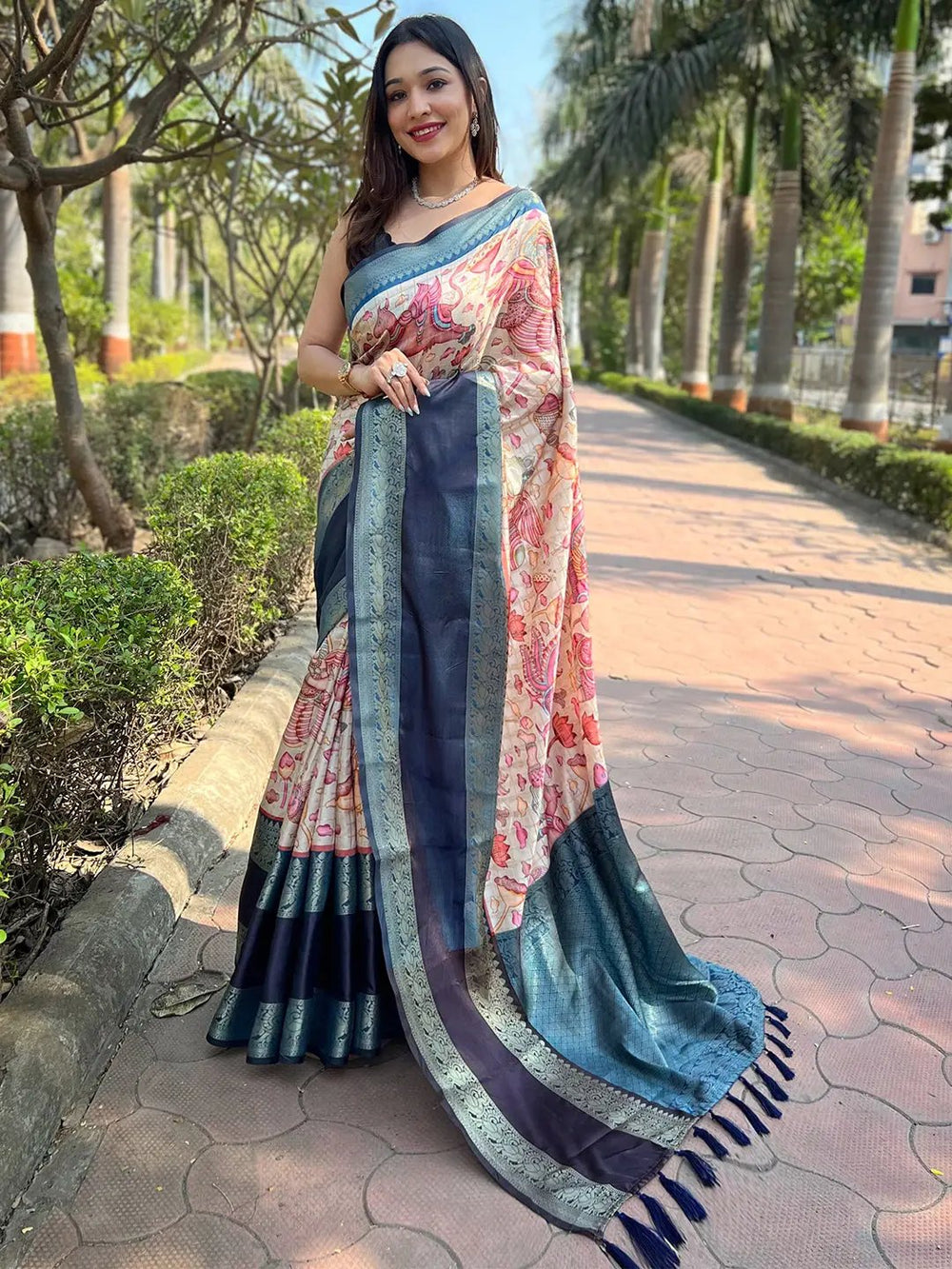 Navy Blue & Cream Floral Silk Saree for Women