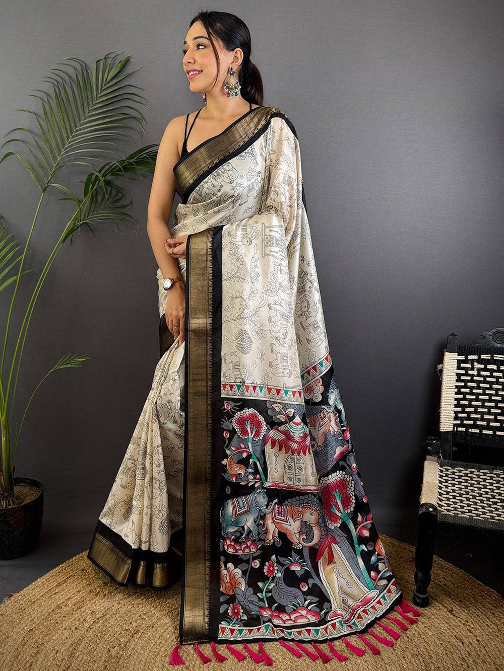 Ivory & Black Kalamkari Printed Silk Saree for Women