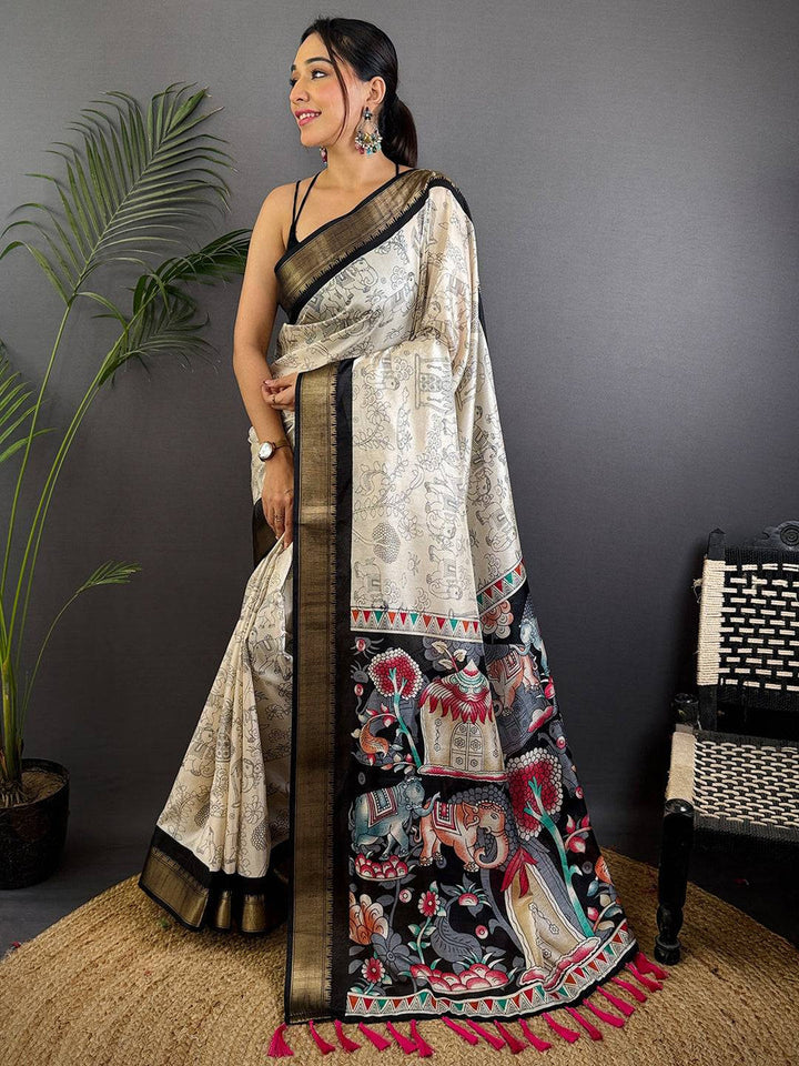 Ivory & Black Kalamkari Printed Silk Saree for Women