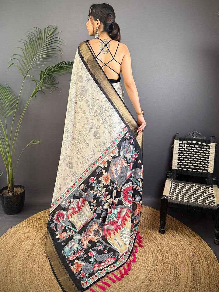 Ivory & Black Kalamkari Printed Silk Saree for Women