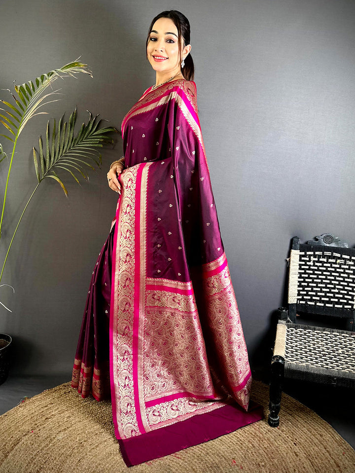 Royal Wine Banarasi Silk Saree with Rich Zari Weaving & Contrasting Pink Border