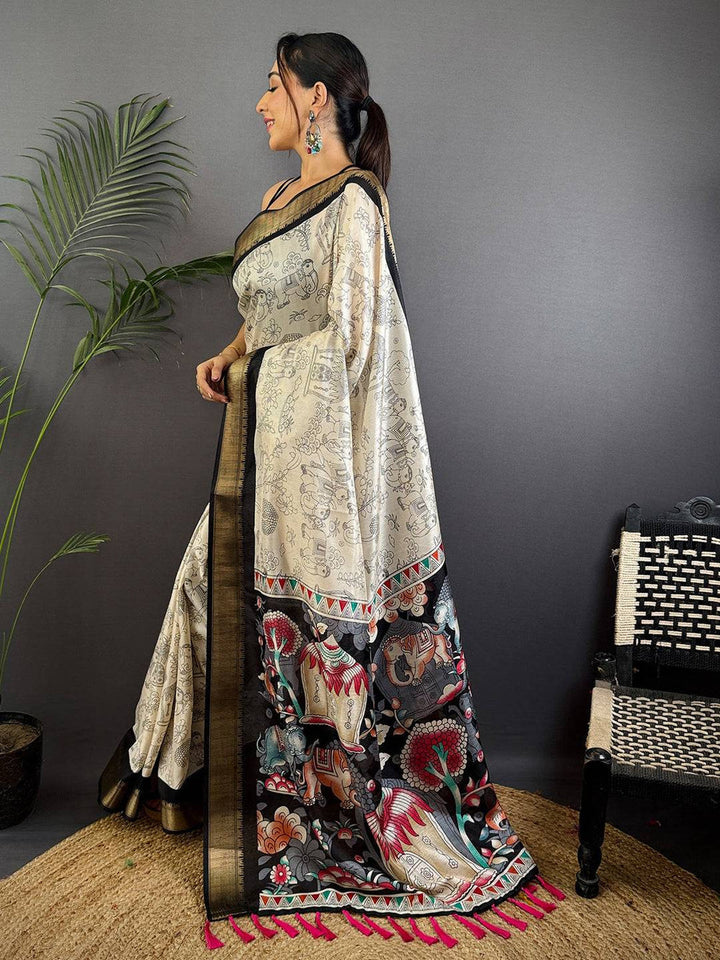 Ivory & Black Kalamkari Printed Silk Saree for Women