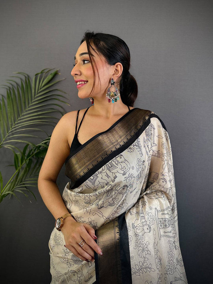 Ivory & Black Kalamkari Printed Silk Saree for Women