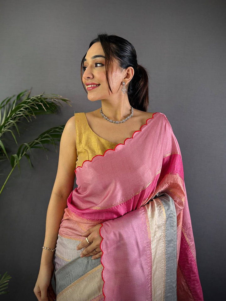 Pink Multi Color Border Silk Saree for Women