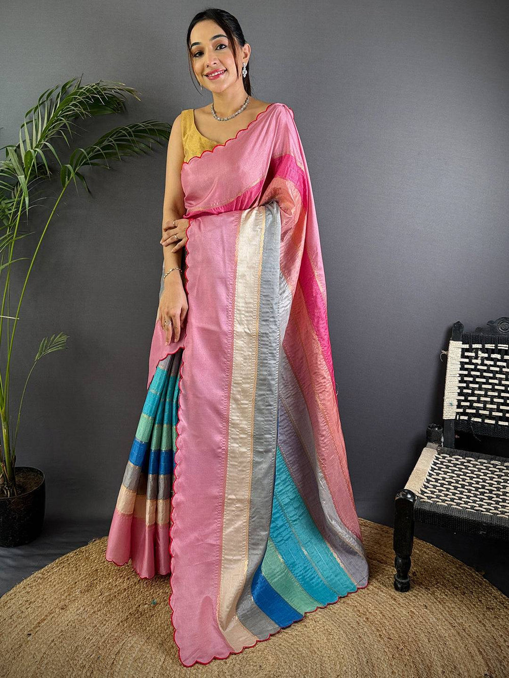 Pink Multi Color Border Silk Saree for Women