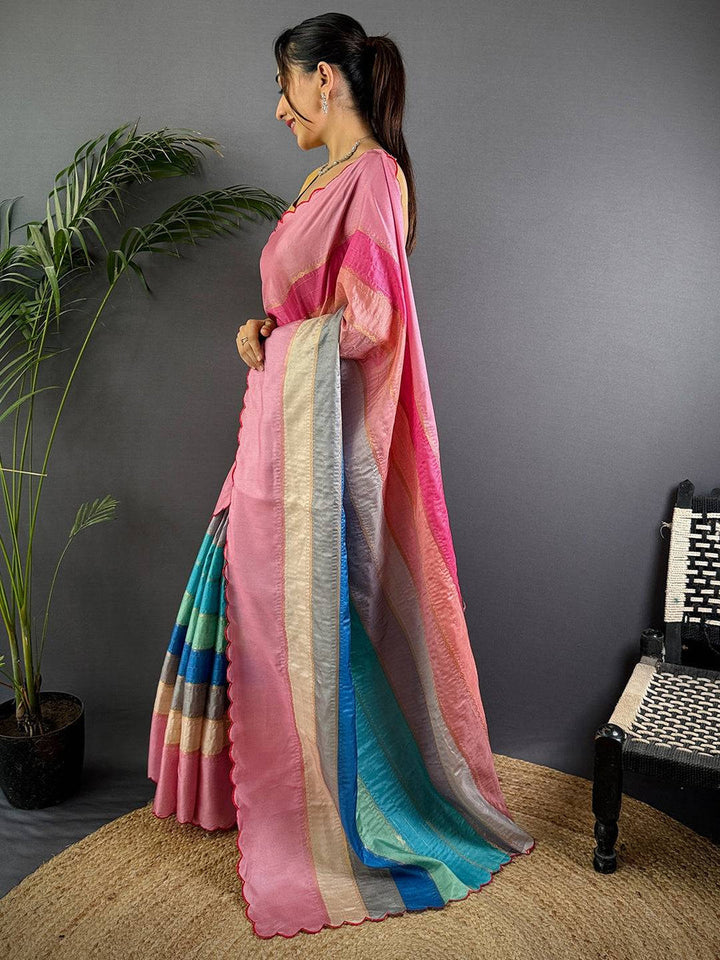 Pink Multi Color Border Silk Saree for Women