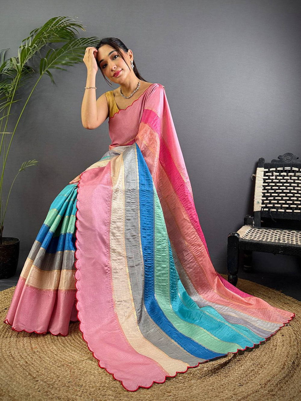 Pink Multi Color Border Silk Saree for Women