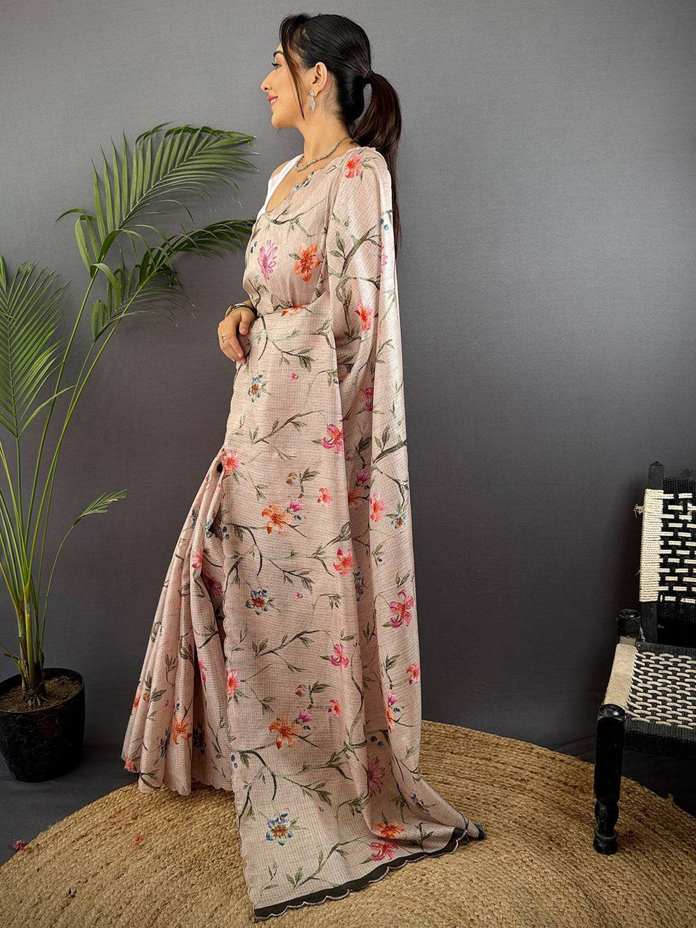 Soft Beige Linen Saree with Digital Floral Print & Subtle Designer Border
