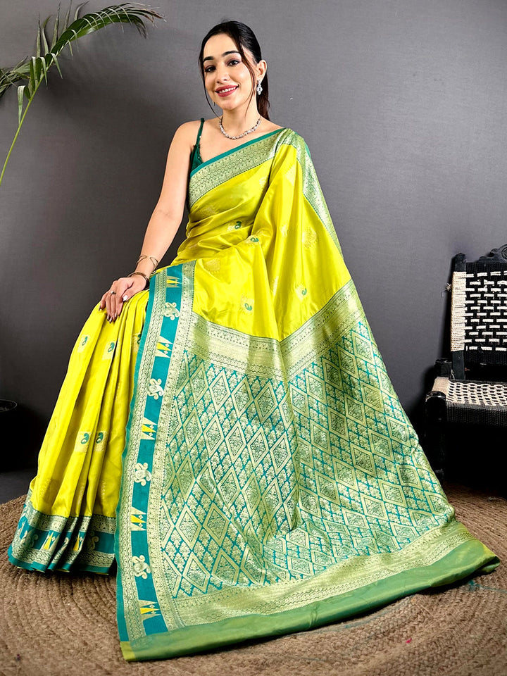 Lime Green & Teal Banarasi Silk Saree for Women