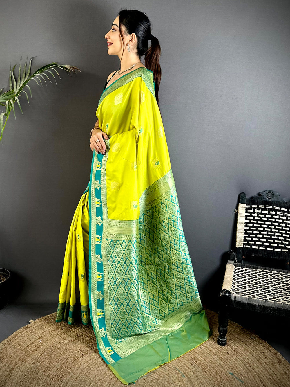 Lime Green & Teal Banarasi Silk Saree for Women