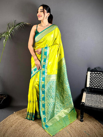 Lime Green & Teal Banarasi Silk Saree for Women