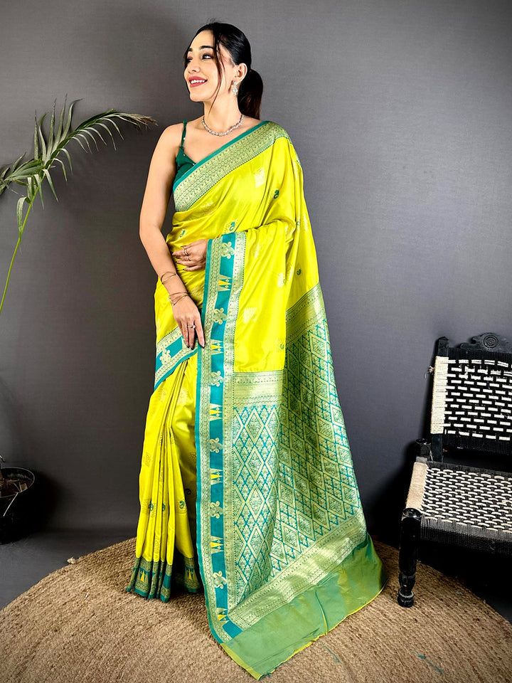Lime Green & Teal Banarasi Silk Saree for Women