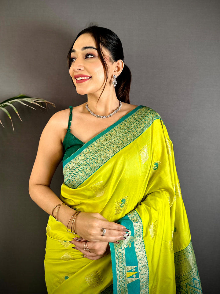 Lime Green & Teal Banarasi Silk Saree for Women