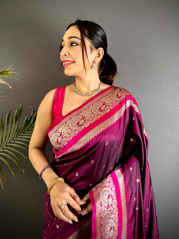 Royal Wine Banarasi Silk Saree with Rich Zari Weaving & Contrasting Pink Border