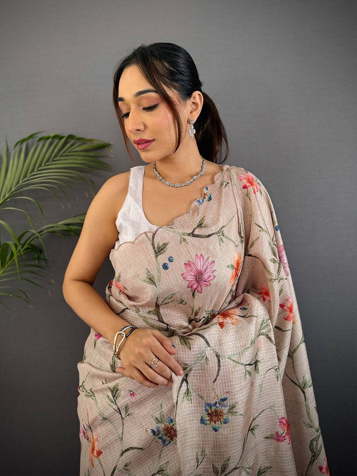 Soft Beige Linen Saree with Digital Floral Print & Subtle Designer Border