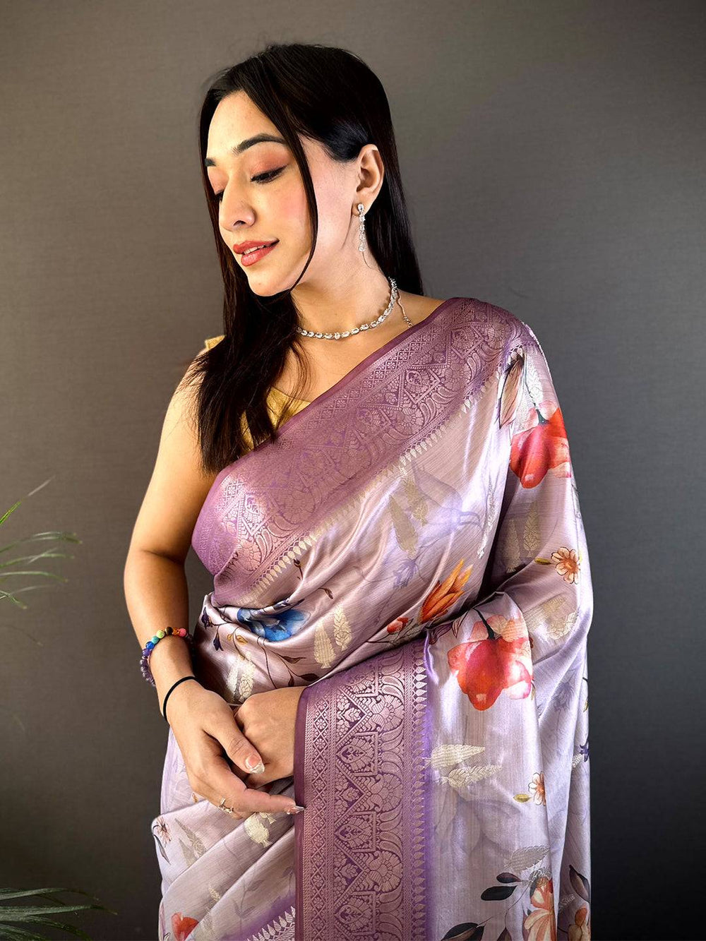 Lavender Floral Soft Silk Saree with Elegant Zari Border & Pallu