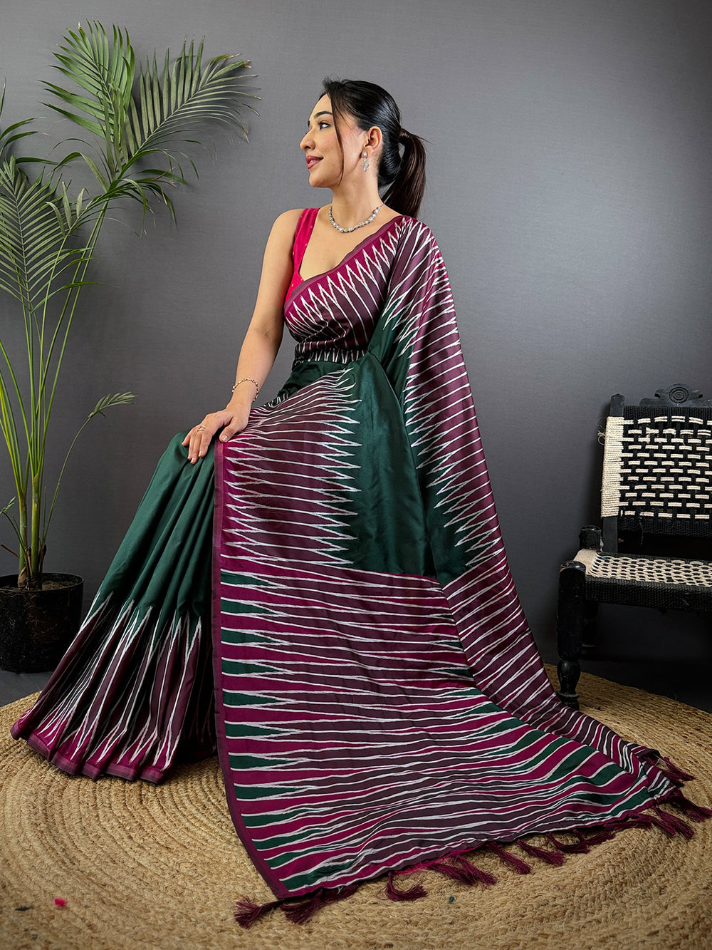 Green & Wine Ikat Silk Saree with Contrast Pink Border and Designer Tassels