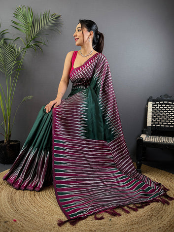 Green & Wine Ikat Silk Saree with Contrast Pink Border and Designer Tassels