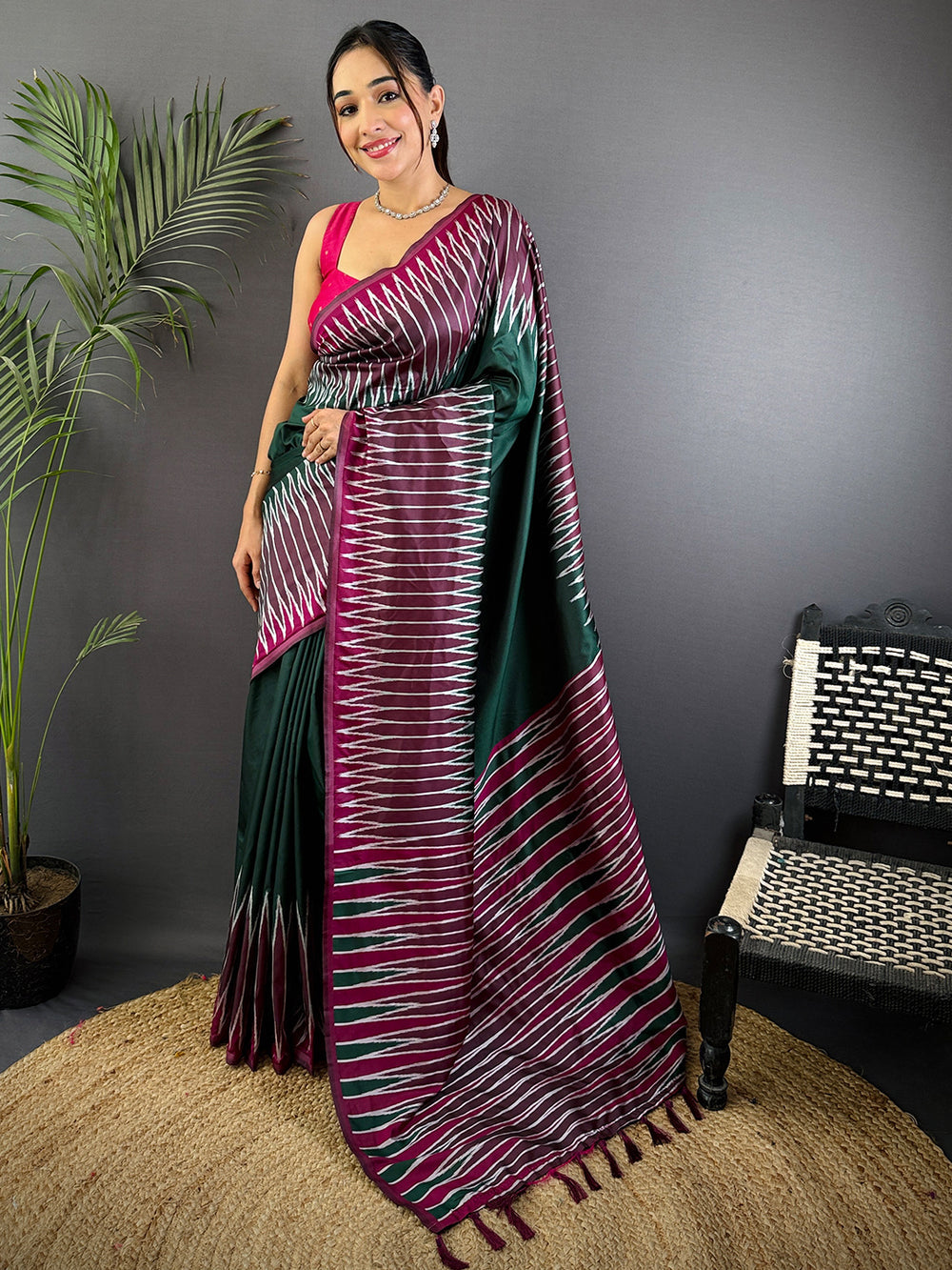 Green & Wine Ikat Silk Saree with Contrast Pink Border and Designer Tassels