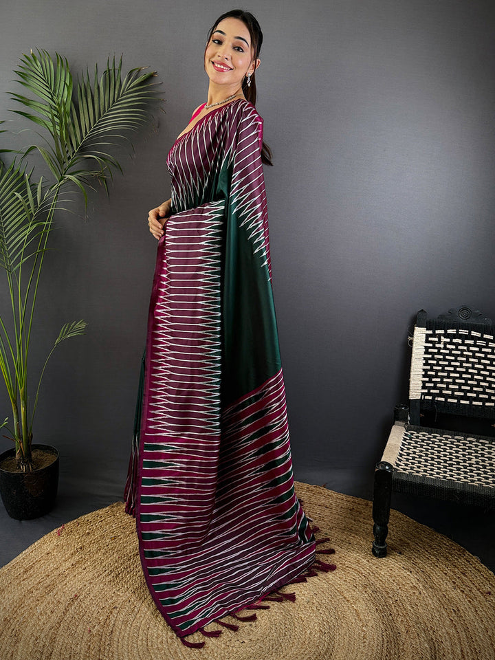 Green & Wine Ikat Silk Saree with Contrast Pink Border and Designer Tassels
