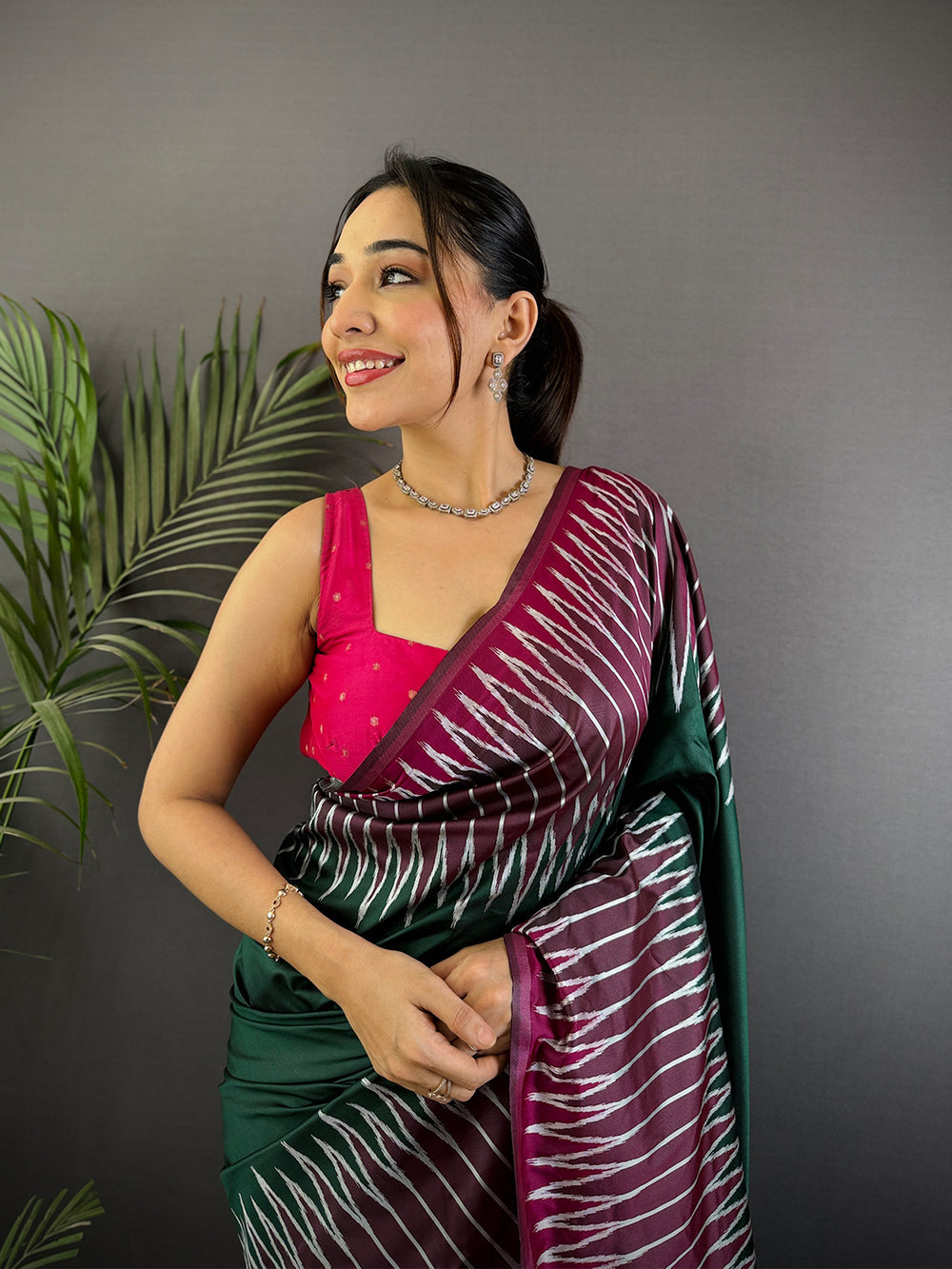 Green & Wine Ikat Silk Saree with Contrast Pink Border and Designer Tassels
