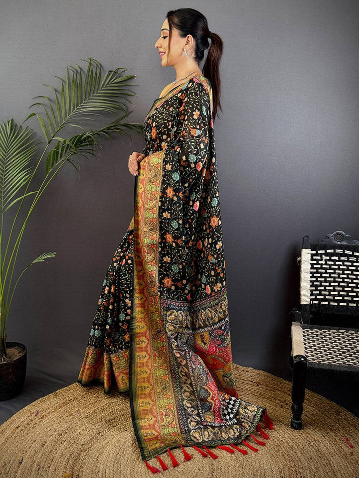 Black Patola Print Silk Saree with Multicolor Traditional Motifs & Rich Designer Border