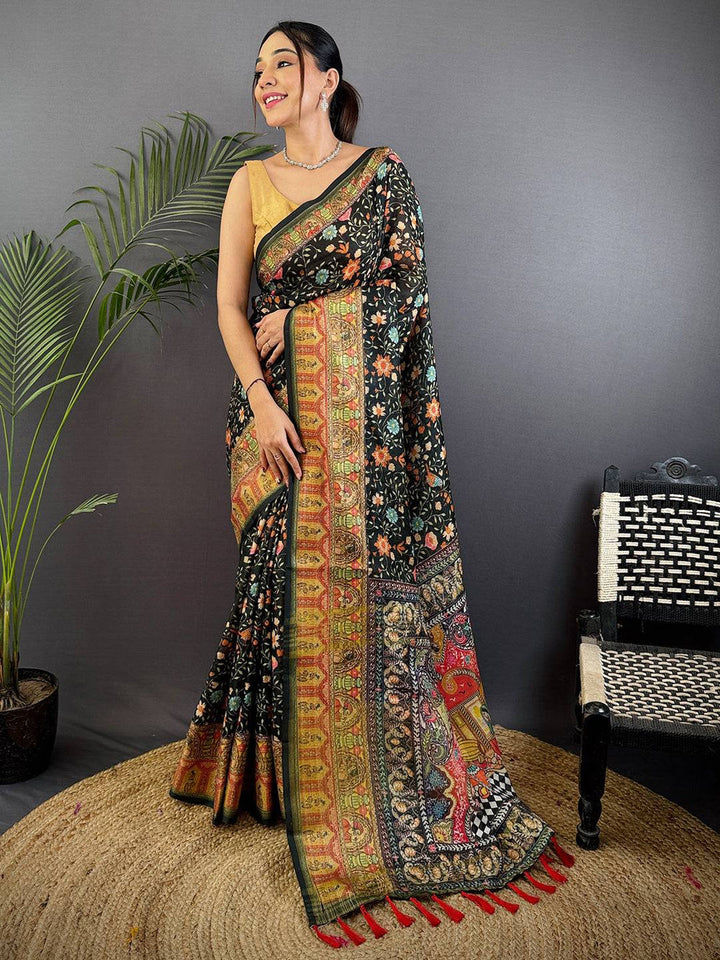 Black Patola Print Silk Saree with Multicolor Traditional Motifs & Rich Designer Border