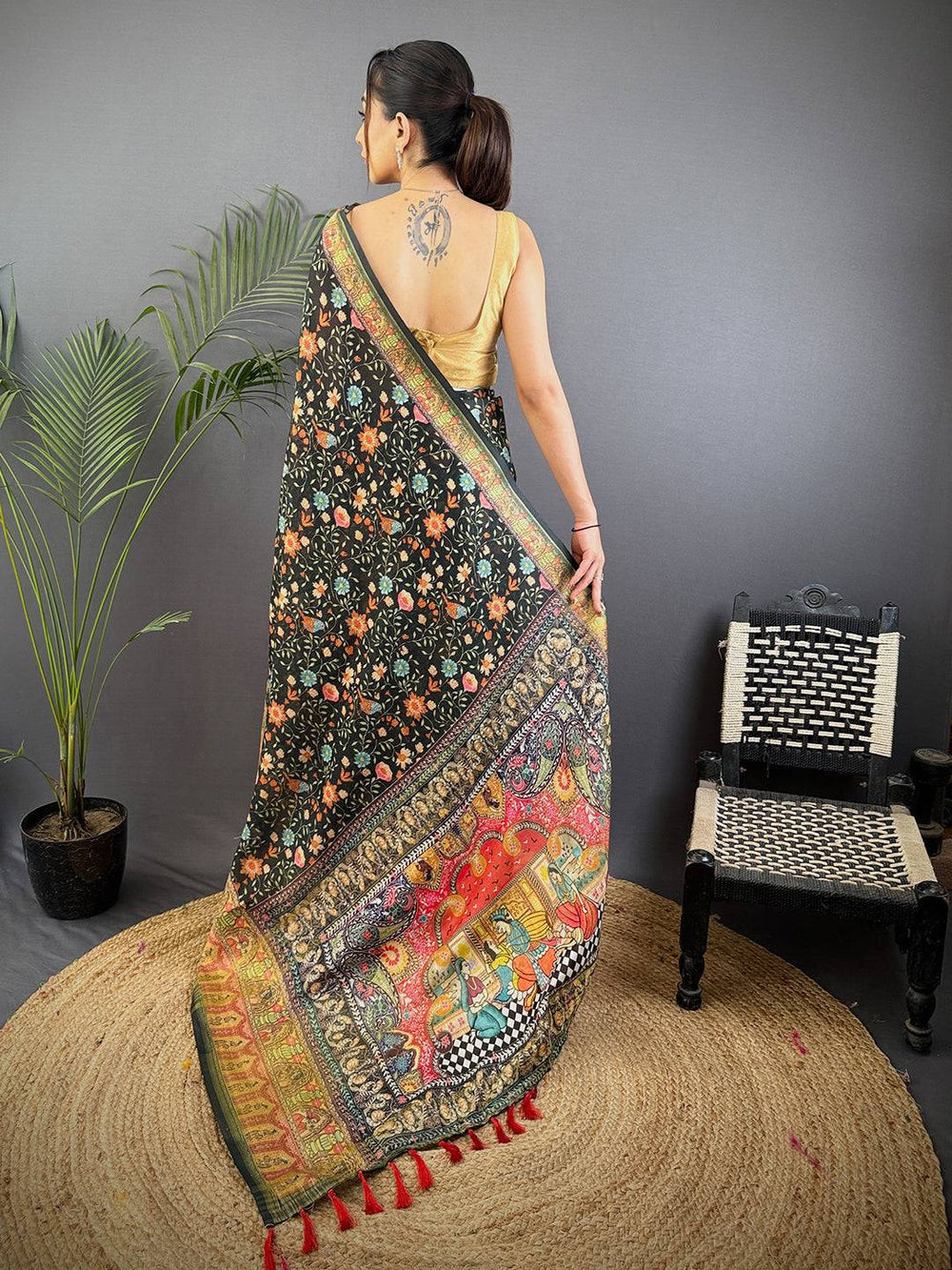 Black Patola Print Silk Saree with Multicolor Traditional Motifs & Rich Designer Border