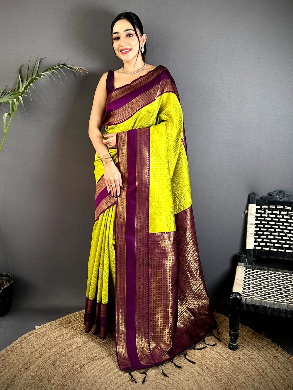 Lime Yellow & Wine Banarasi Silk Saree for Women