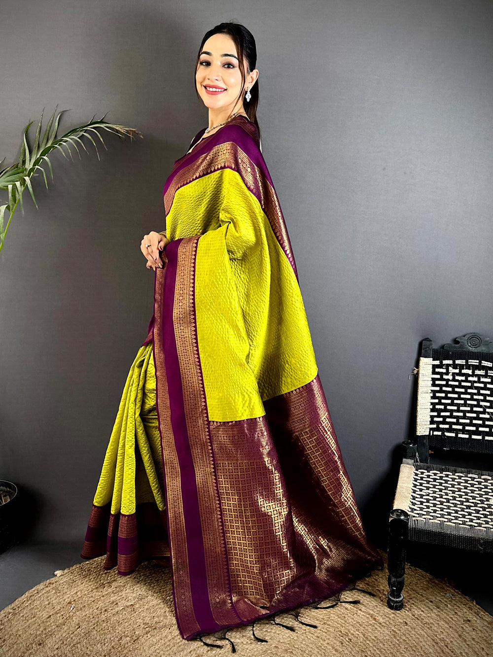 Lime Yellow & Wine Banarasi Silk Saree for Women