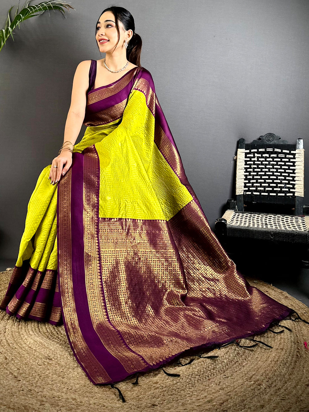 Lime Yellow & Wine Banarasi Silk Saree for Women