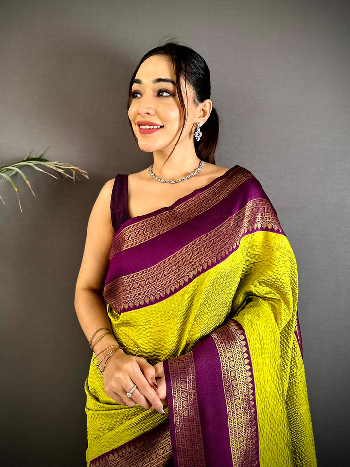 Lime Yellow & Wine Banarasi Silk Saree for Women