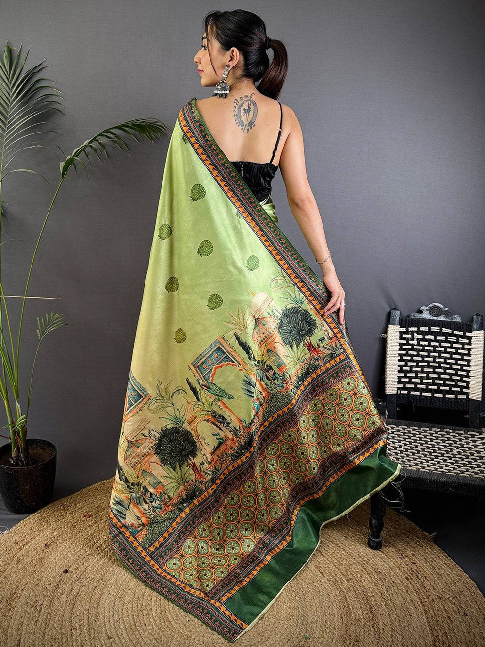 Light Green Printed Silk Saree with Traditional Artwork & Designer Border