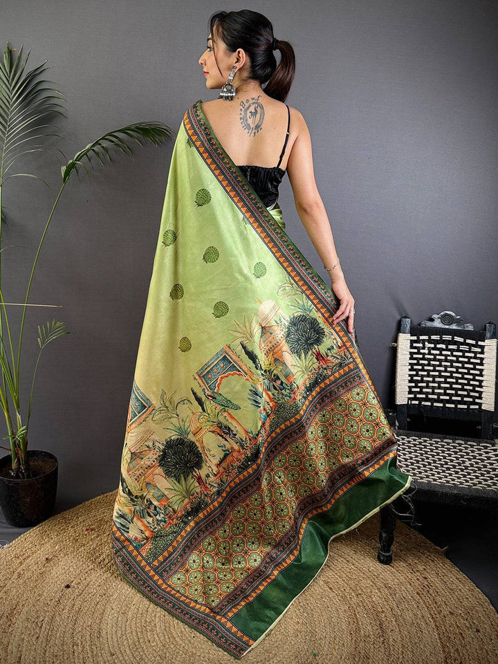 Light Green Printed Silk Saree with Traditional Artwork & Designer Border